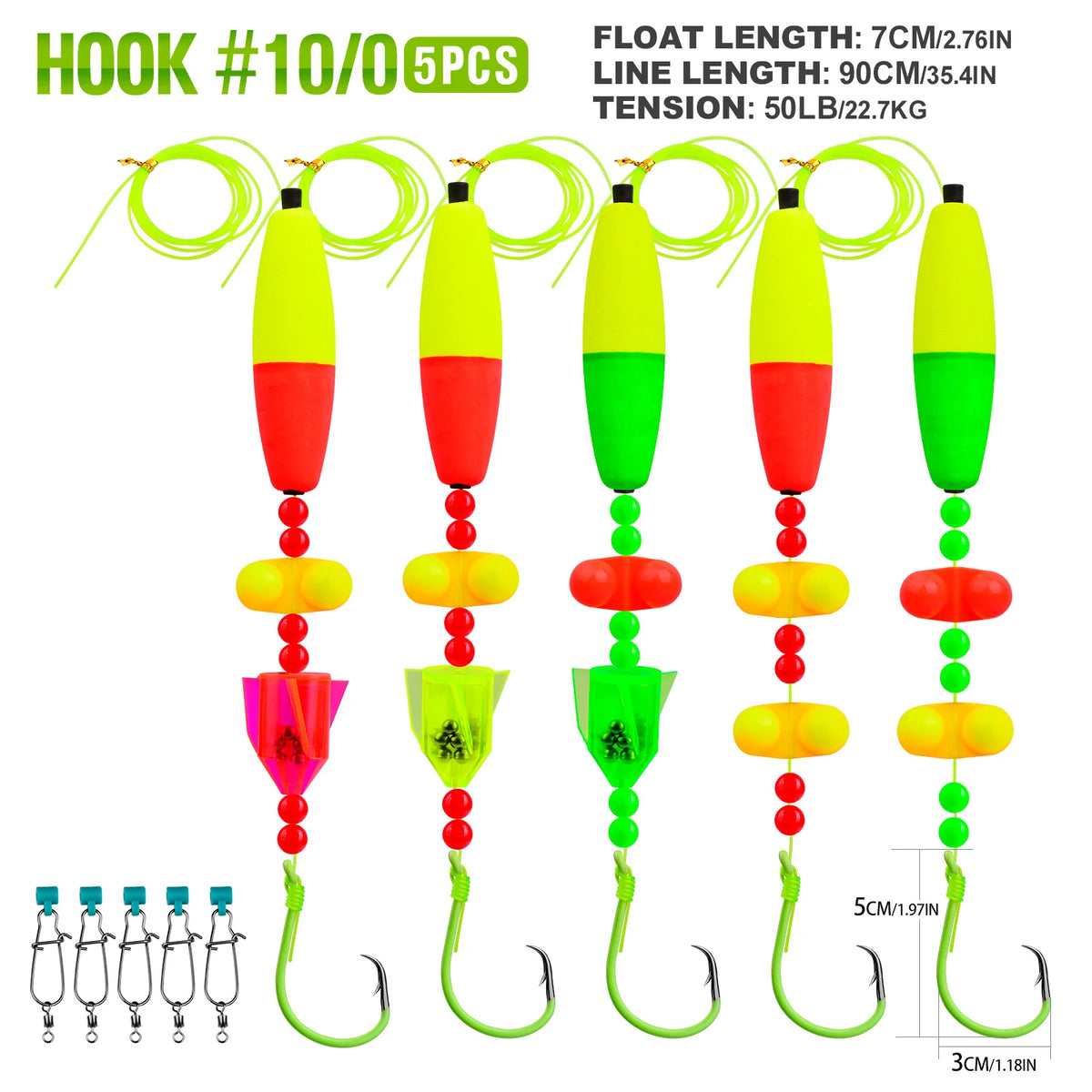 Five bright yellow and green float rigs with line and hooks for fishing