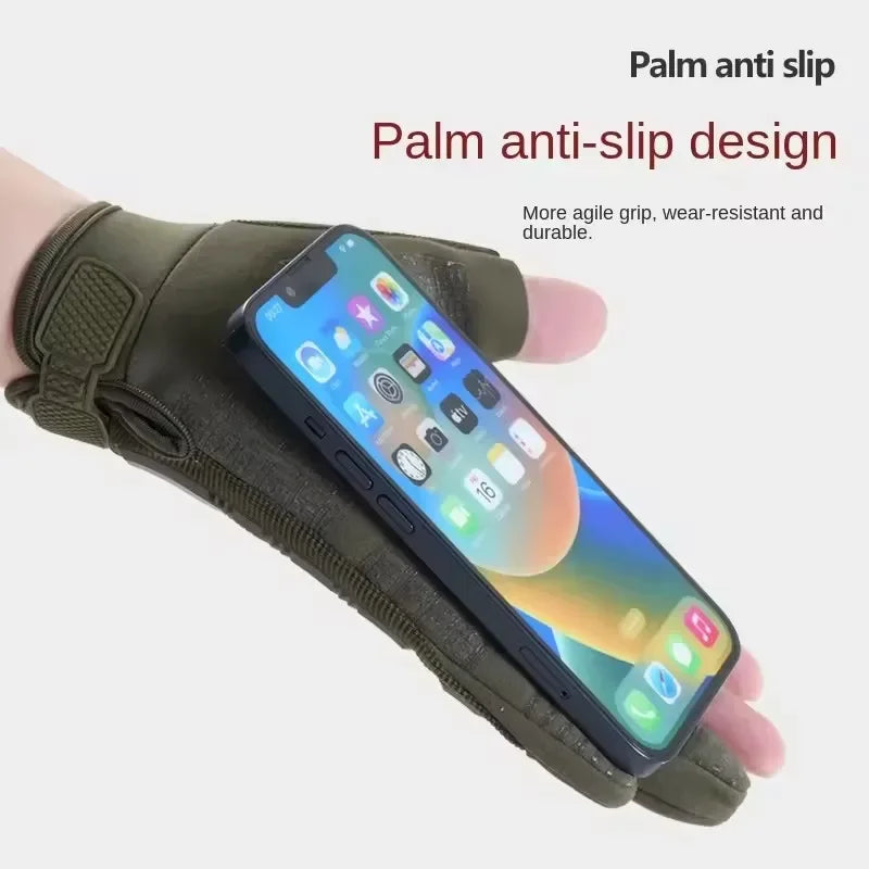 A hand wearing a dark olive tactical anti-slip glove is holding a smartphone.