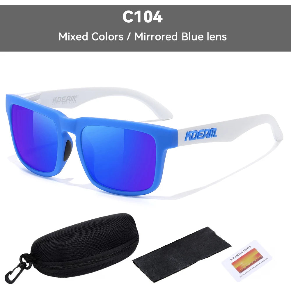 Ein Paar blaue polarisierte Sonnenbrille mit weißem Rahmen und schwarzem Linsenbehälter und Tester.