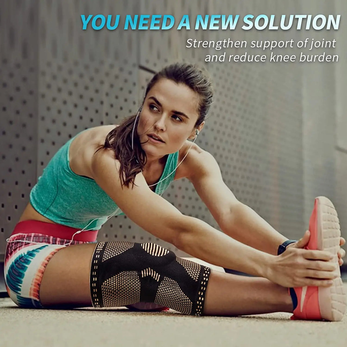 A woman wearing a knee brace is shown exercising on the floor.