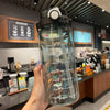 A clear sports water bottle with a time scale marked on the side is held up against a blurred background of a cafe.