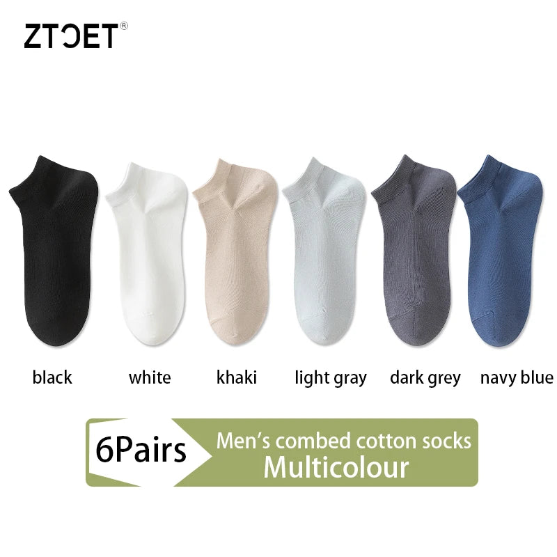 A set of six pairs of men's combed cotton socks in various colors including black, white, khaki, light grey, dark grey, and n