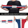 A person holds a red, white, and blue elastic arm sleeve demonstrating its elasticity.