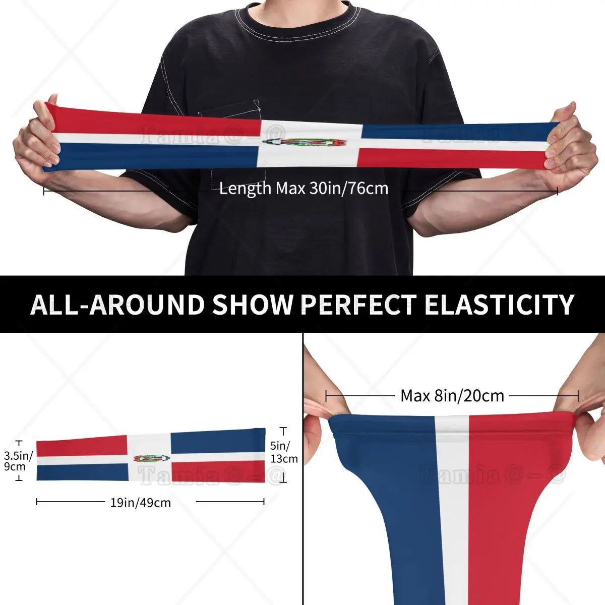 A person holds a red, white, and blue elastic arm sleeve demonstrating its elasticity.