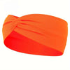 Orange and red knotted elastic sports headband worn on a head