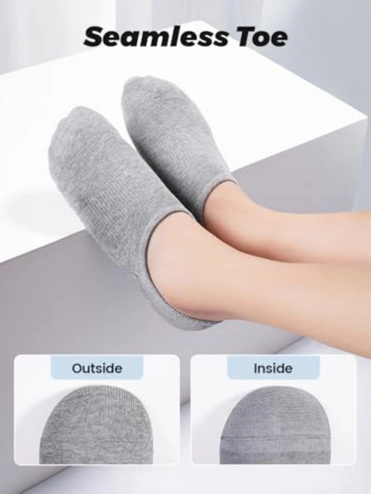 Une paire de chaussettes sans couture grises sur un pied, avec des gros plans montrant l'extérieur et l'intérieur.