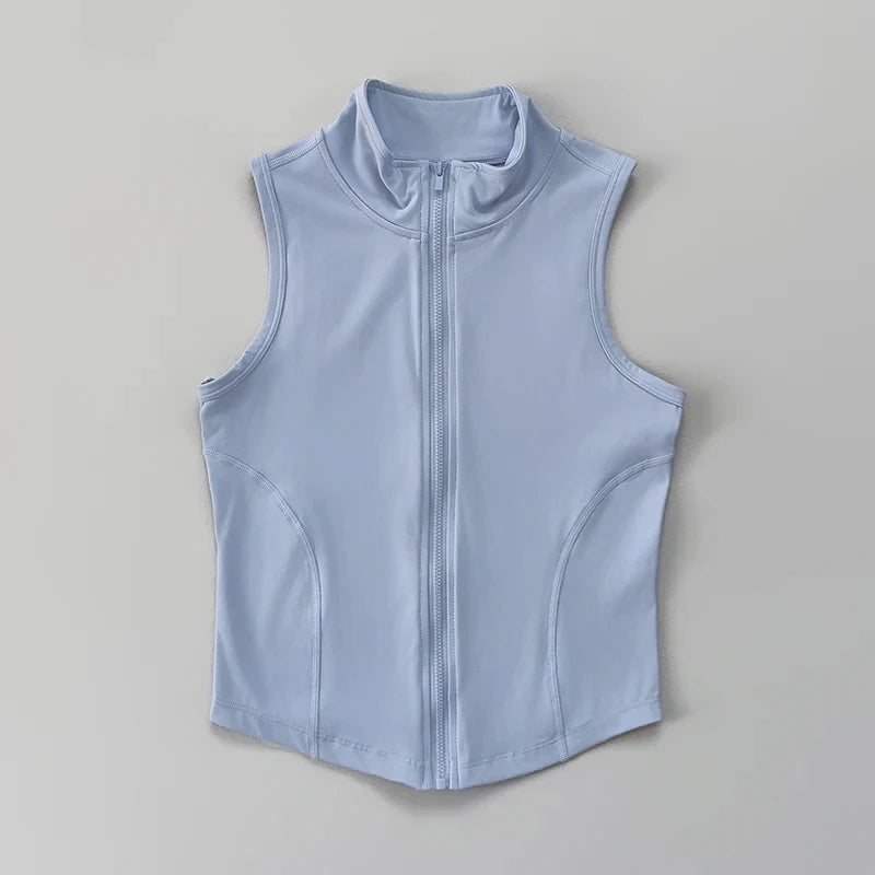 Hellblaue Damen-Sport-Crop-Top-West mit vollreißverschließbare Kragen
