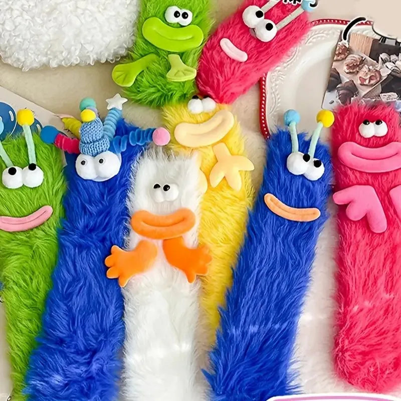A collection of colorful cartoon expression knit socks featuring various bright colors and facial expressions.