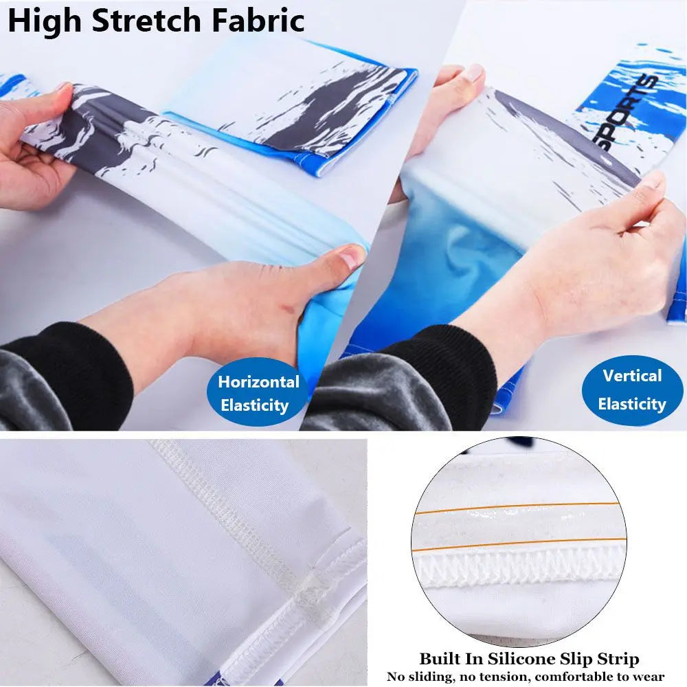 Two white arm sleeves showing horizontal and vertical elasticity, with a close-up of a built-in silicone slip strip.
