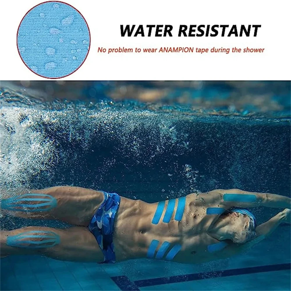 A person wearing blue kinesiology tape is submerged in water, demonstrating the product's water resistance.