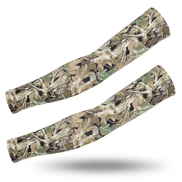 A pair of camouflage tactical arm sleeves designed for outdoor sports.