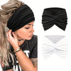 Black and white adjustable sports headband shown on a model and as separate folded products