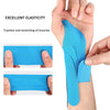 Hands demonstrate the application of blue kinesiology tape on a forearm for muscle traction and stretching.
