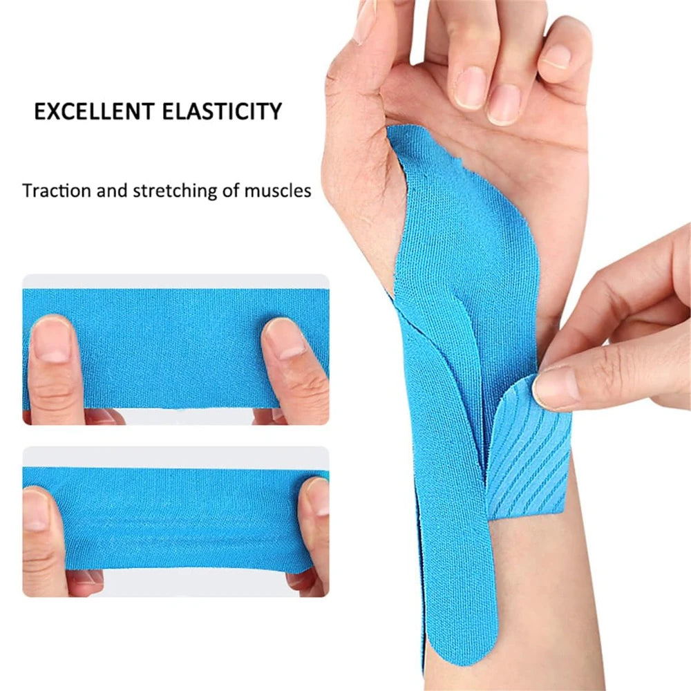 Hands demonstrate the application of blue kinesiology tape on a forearm for muscle traction and stretching.