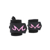 A pair of black heavy-duty weightlifting wrist straps with pink 'M' logos.