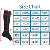 Size chart showing measurements for zipper compression socks in various sizes from S/M to 4XL.