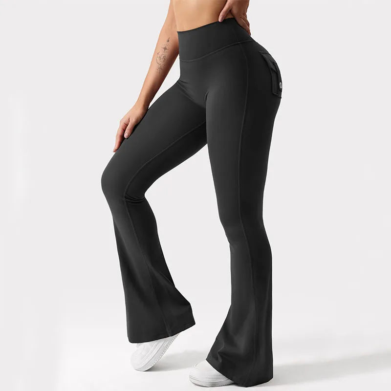 A woman wearing black high stretch yoga leggings