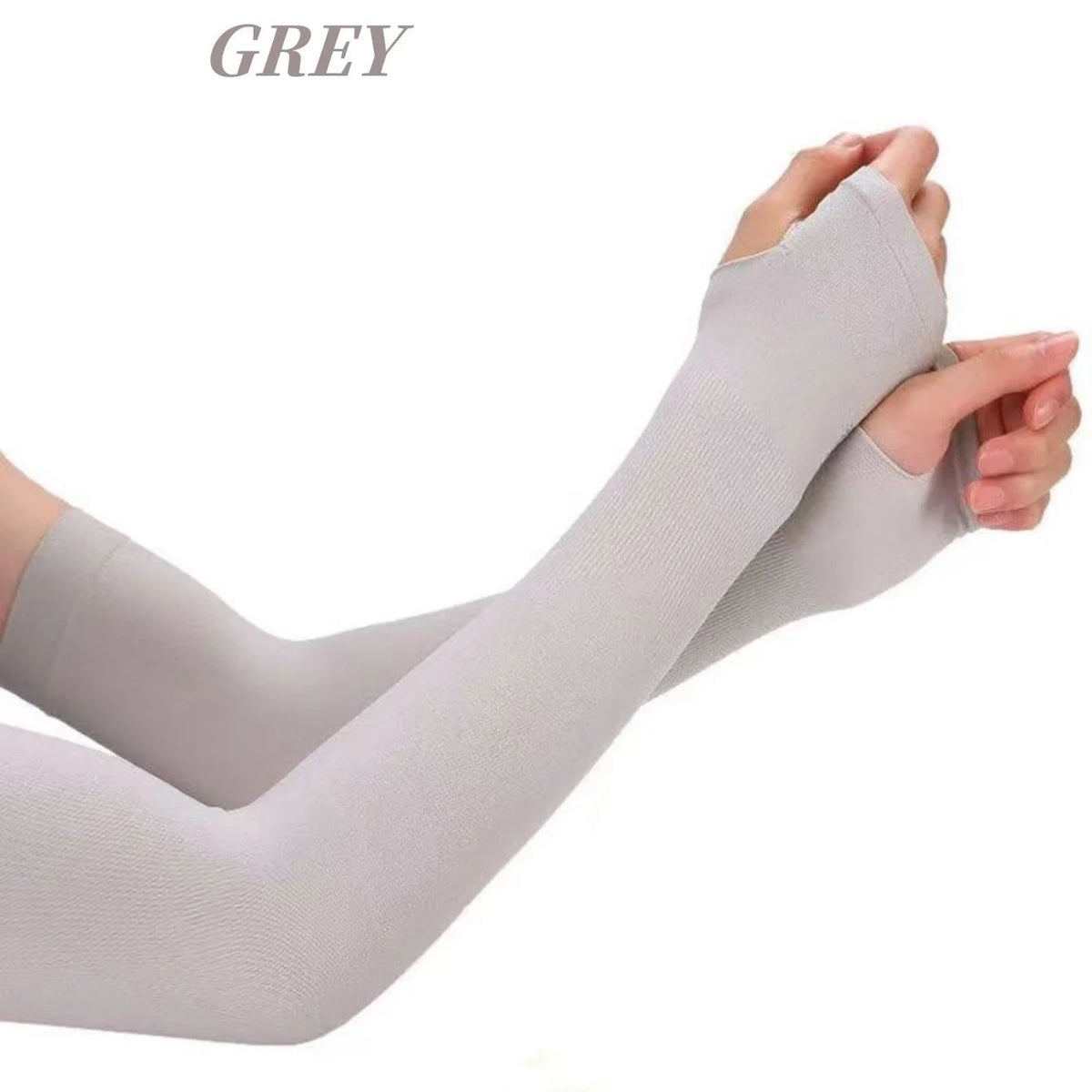 Grey UV protection cooling arm sleeves being worn on a person's arm.