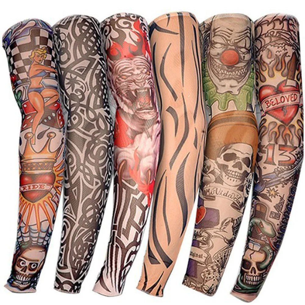 A collection of long seamless tattoo sleeves featuring various designs and themes.