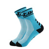 A pair of bright blue performance cycling and running socks with black accents.