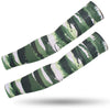 A pair of tactical camouflage arm sleeves featuring green and white striped patterns.