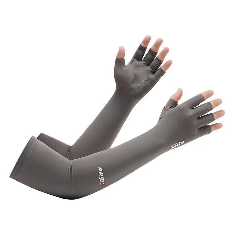 Gray UV protection arm sleeves worn on an arm, showing the hand and wrist area.