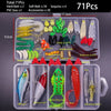 A kit of 71 fishing lures including soft baits, maggots, and various accessories packaged in an acrylic case.