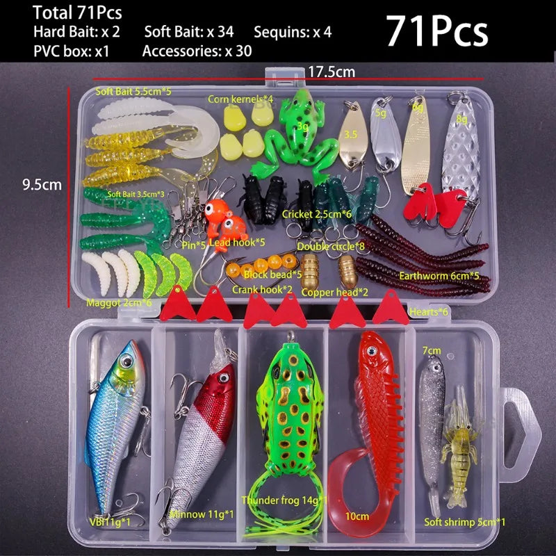 A kit of 71 fishing lures including soft baits, maggots, and various accessories packaged in an acrylic case.