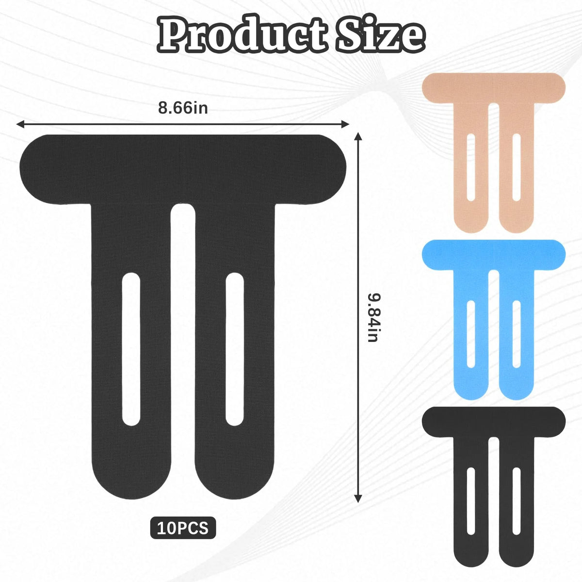 A comparison showing three sizes of kinesiology tape for knee pain relief, labeled with dimensions.