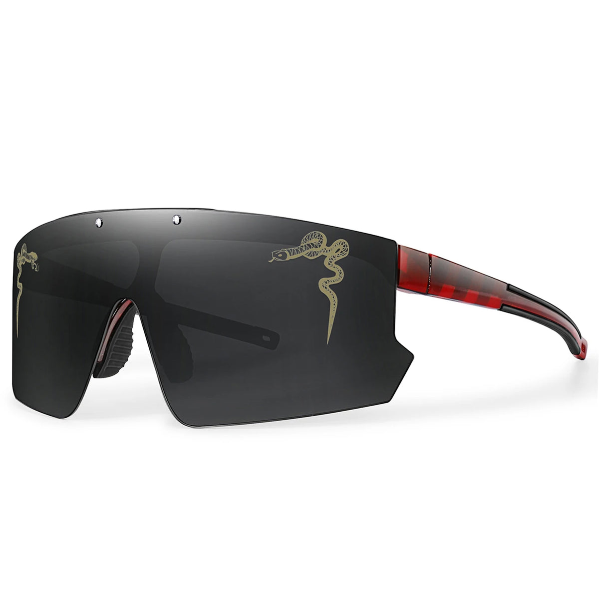 Black cycling sunglasses with a red frame and gold snake design