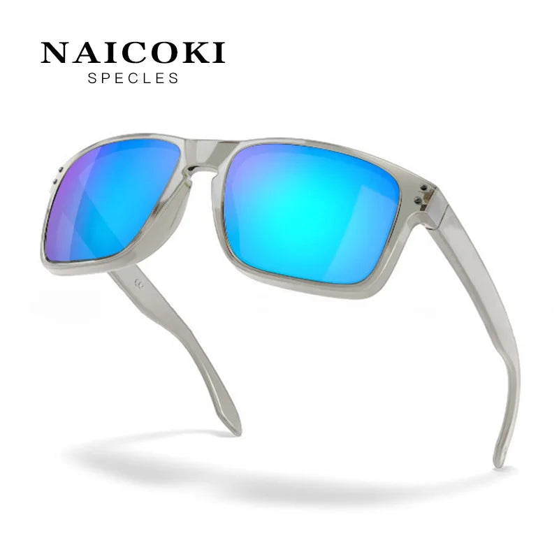 A pair of silver-framed polarized sunglasses with bright blue lenses shown against a white background.