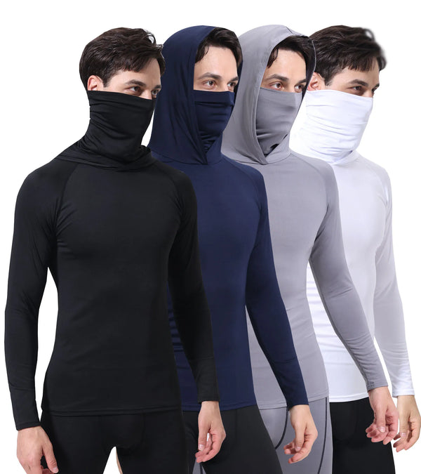 Four men models wearing black, gray, and white athletic fishing hoodies