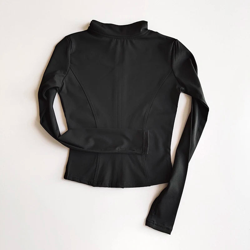 A black long-sleeved athletic jacket for yoga and fitness.