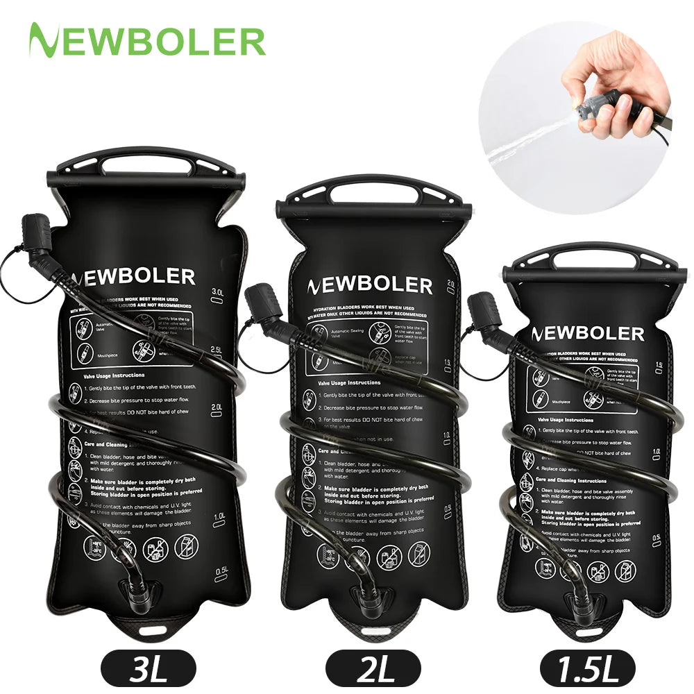 Three sizes of black reusable water bladder hydration bags labeled 3L, 2L, and 1.5L