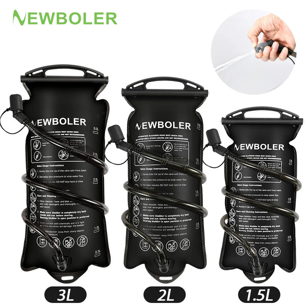 Three sizes of black reusable water bladder hydration bags labeled 3L, 2L, and 1.5L