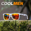 White polarized sports sunglasses with orange lenses resting on a mossy tree branch.