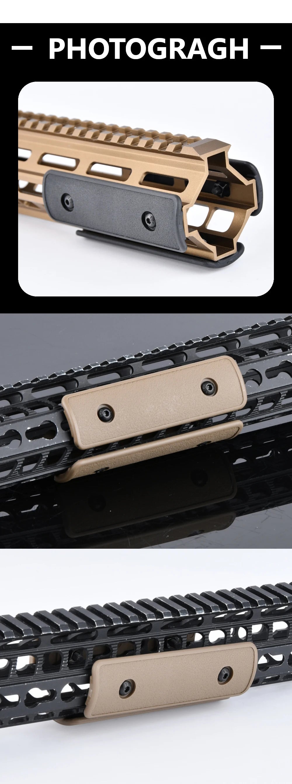 Close-up of a tactical rail panel kit for airsoft guns showing a brass and black rail component.