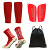 A pack of four red non-slip silicone sports socks and a black sports bag.