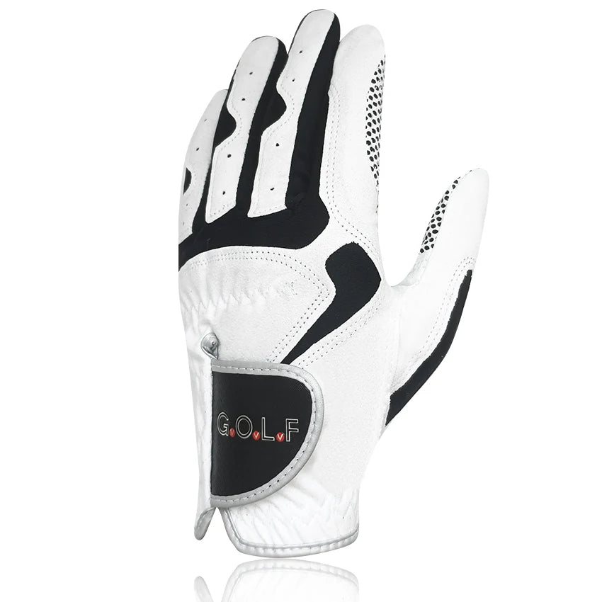 A white golf glove with black accents and a leather pocket featuring the GOLF logo.