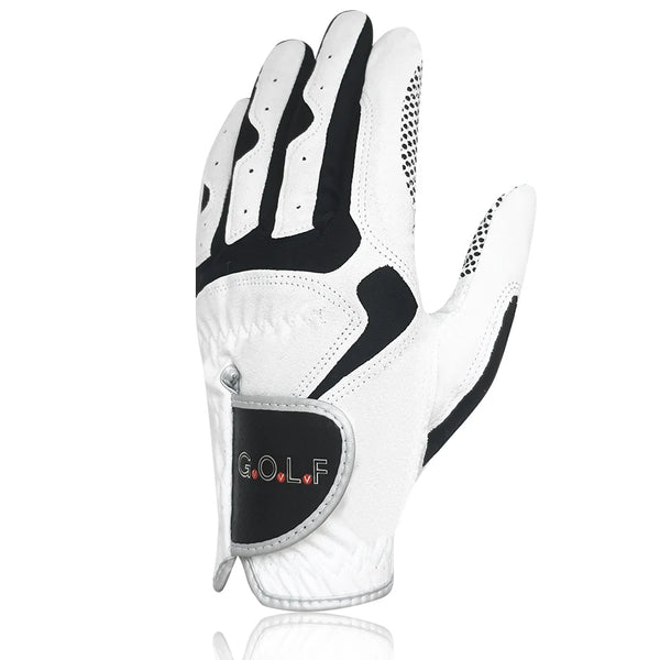A white golf glove with black accents and a leather pocket featuring the GOLF logo.