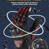 A close-up of black and red impact-resistant hand protection gloves designed for crash and fall prevention.