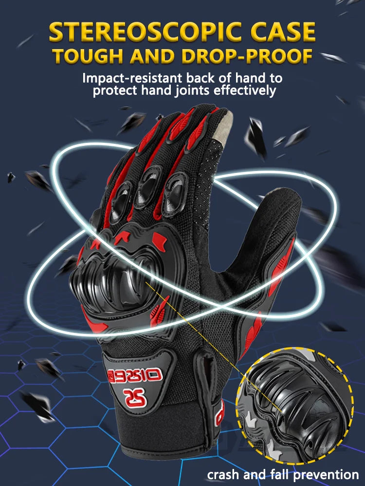 A close-up of black and red impact-resistant hand protection gloves designed for crash and fall prevention.