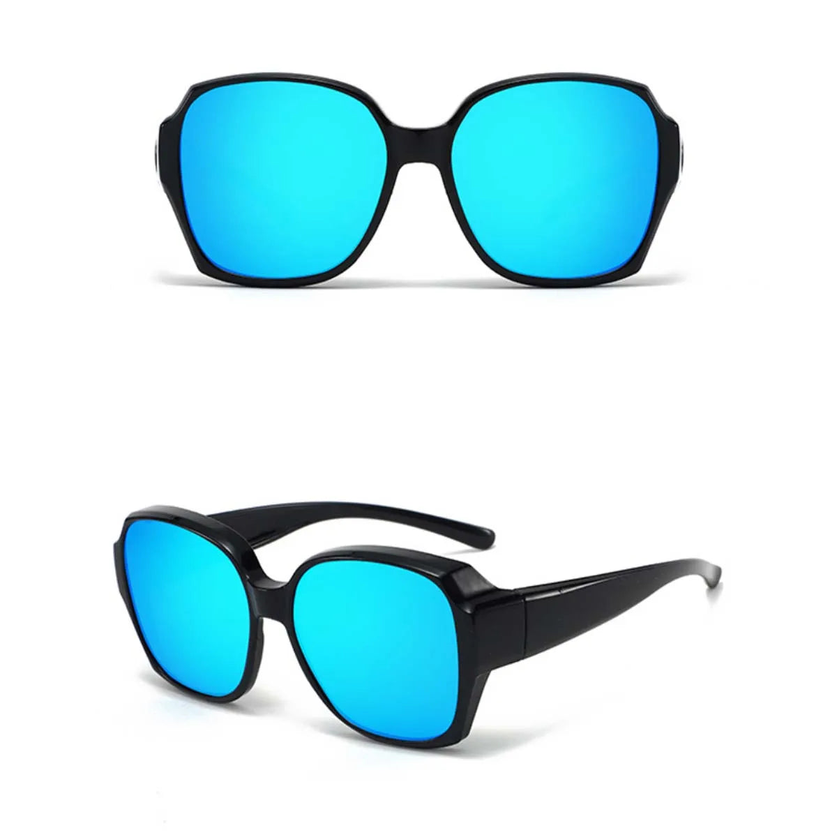 A pair of bright blue polarized sunglasses with black frames shown against a white background.