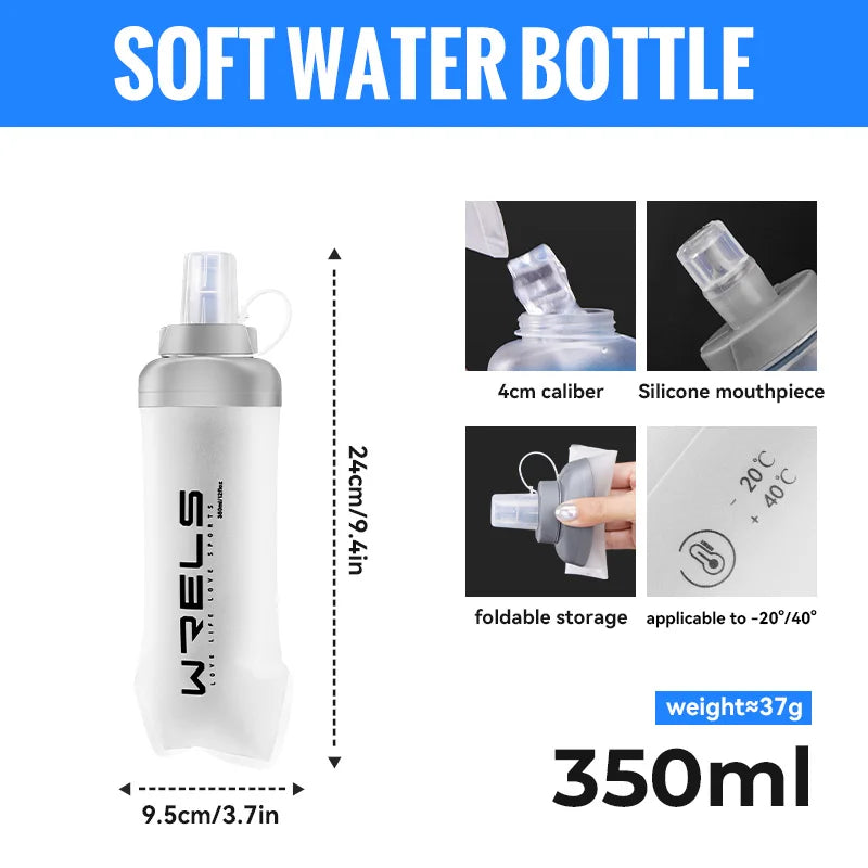 A white soft water bottle with a silicone mouthpiece and foldable storage, measuring 350ml.
