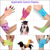 Various elastic bandage tapes and wrist supports in different patterns and colors shown on hands and wrists.