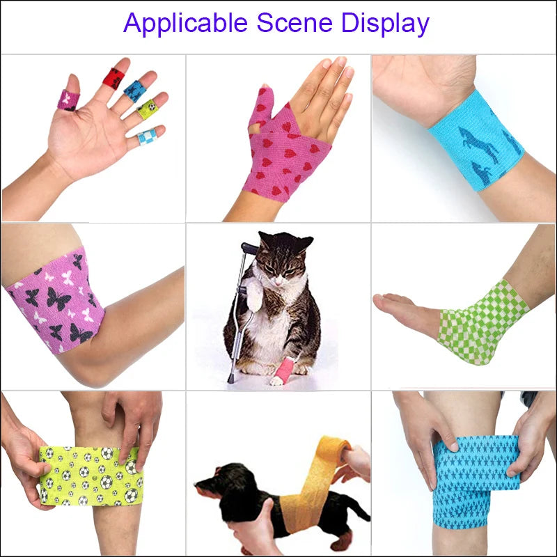 Various elastic bandage tapes and wrist supports in different patterns and colors shown on hands and wrists.