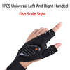 A hand wearing a black tactical glove with a fish scale design on the palm.