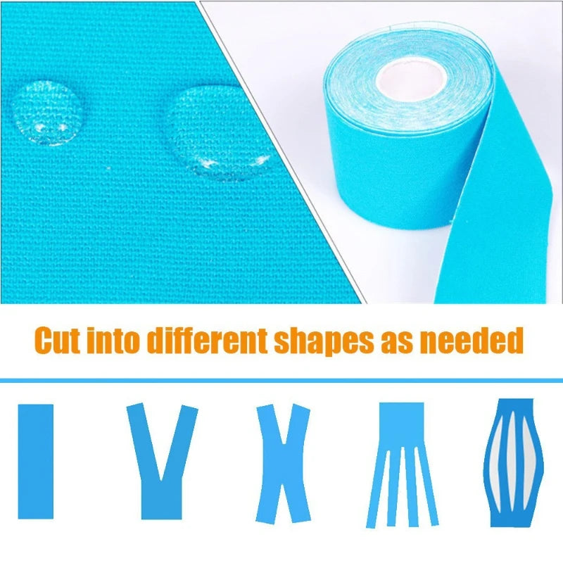 Roll of blue kinesiology tape with various cut shapes for facial use