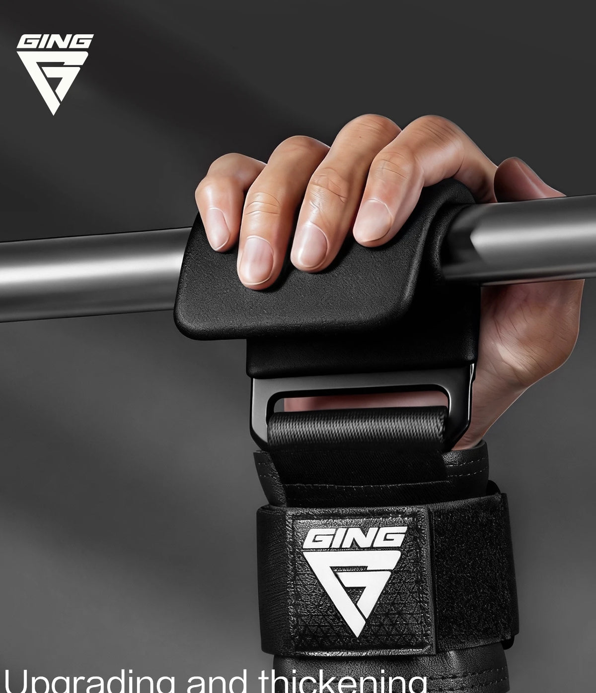 A hand grips a black weight lifting hook with an attached black wrist wrap, demonstrating upgrading and thickening features.