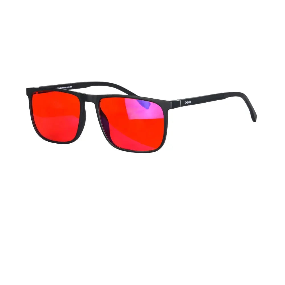 A pair of blue light blocking glasses with bright red lenses and black frames.